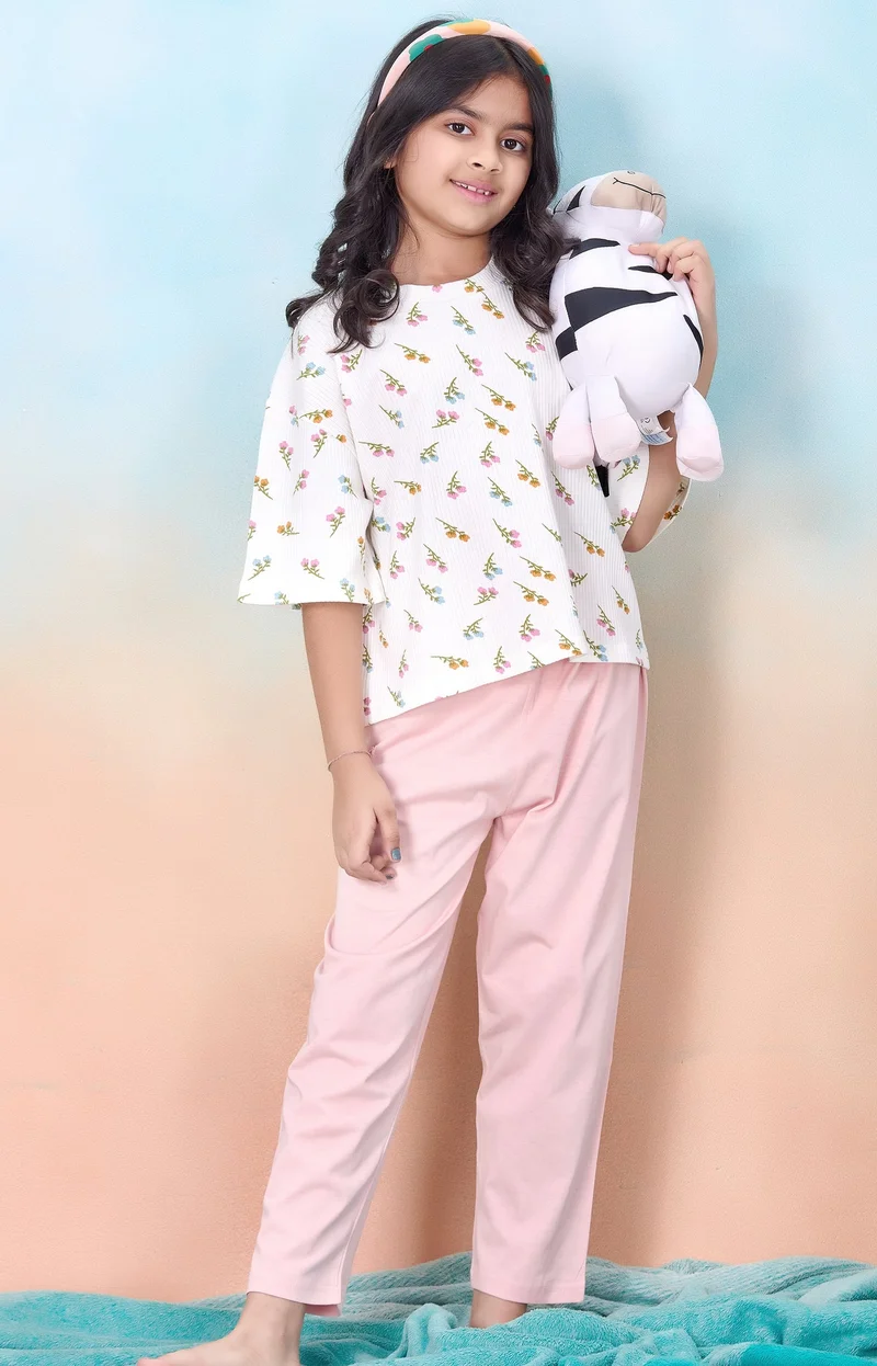 Artemea  Floral printed Girls Premium Boxy T shirt and Peach Pajama  set (2pc set -Top & Bottom) for Women | Best Price UAE